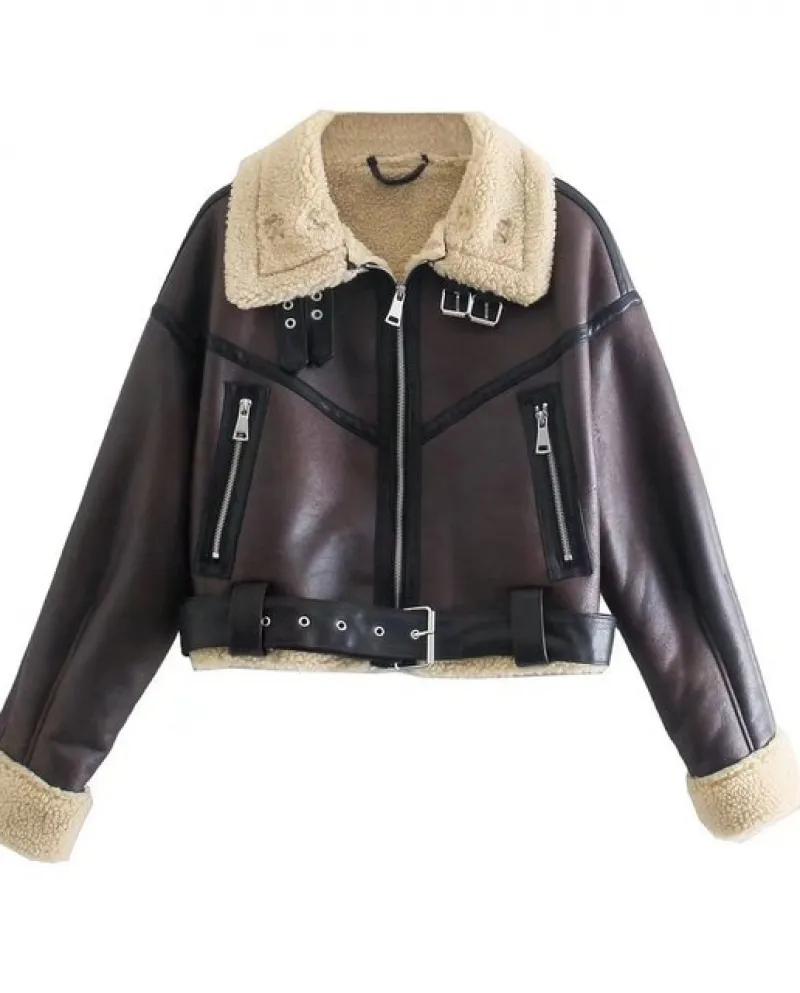 2022 della donna di Modo di Spessore Caldo Faux Shearling Giacca Cappotto Vintage Manica Lunga Orlo Della Cinghia Della Tuta Spo