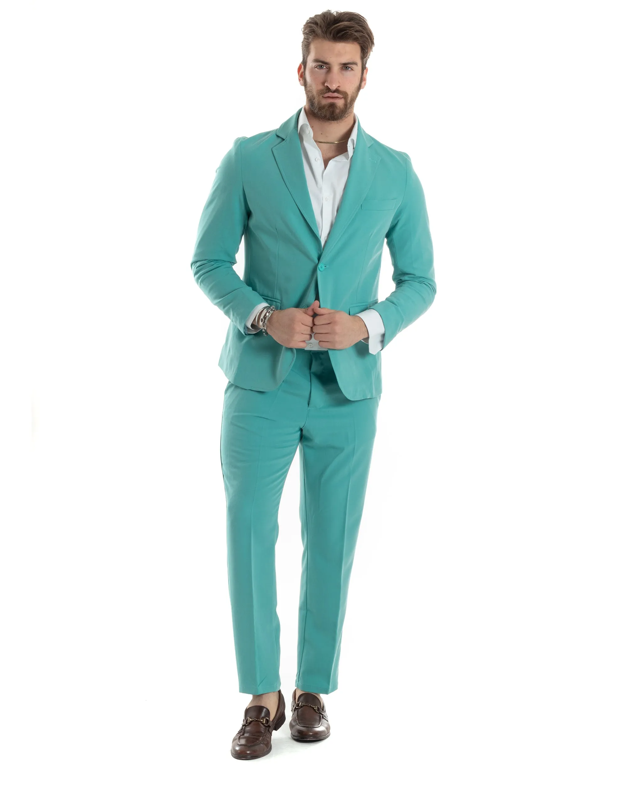 Abito Uomo Monopetto Vestito Completo Giacca Pantaloni Verde Acqua Tinta Unita Elegante Casual GIOSAL-AE1034A