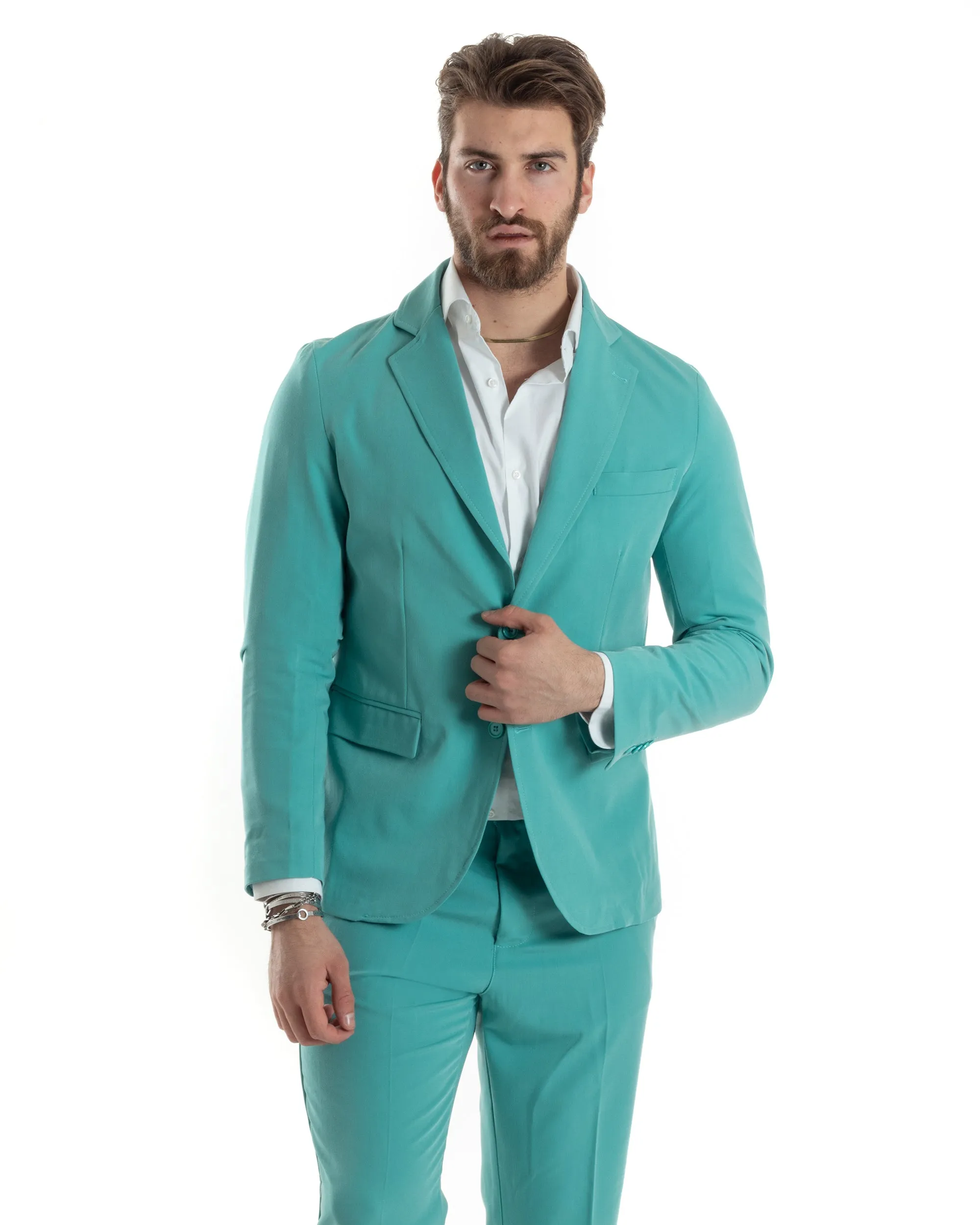 Abito Uomo Monopetto Vestito Completo Giacca Pantaloni Verde Acqua Tinta Unita Elegante Casual GIOSAL-AE1034A