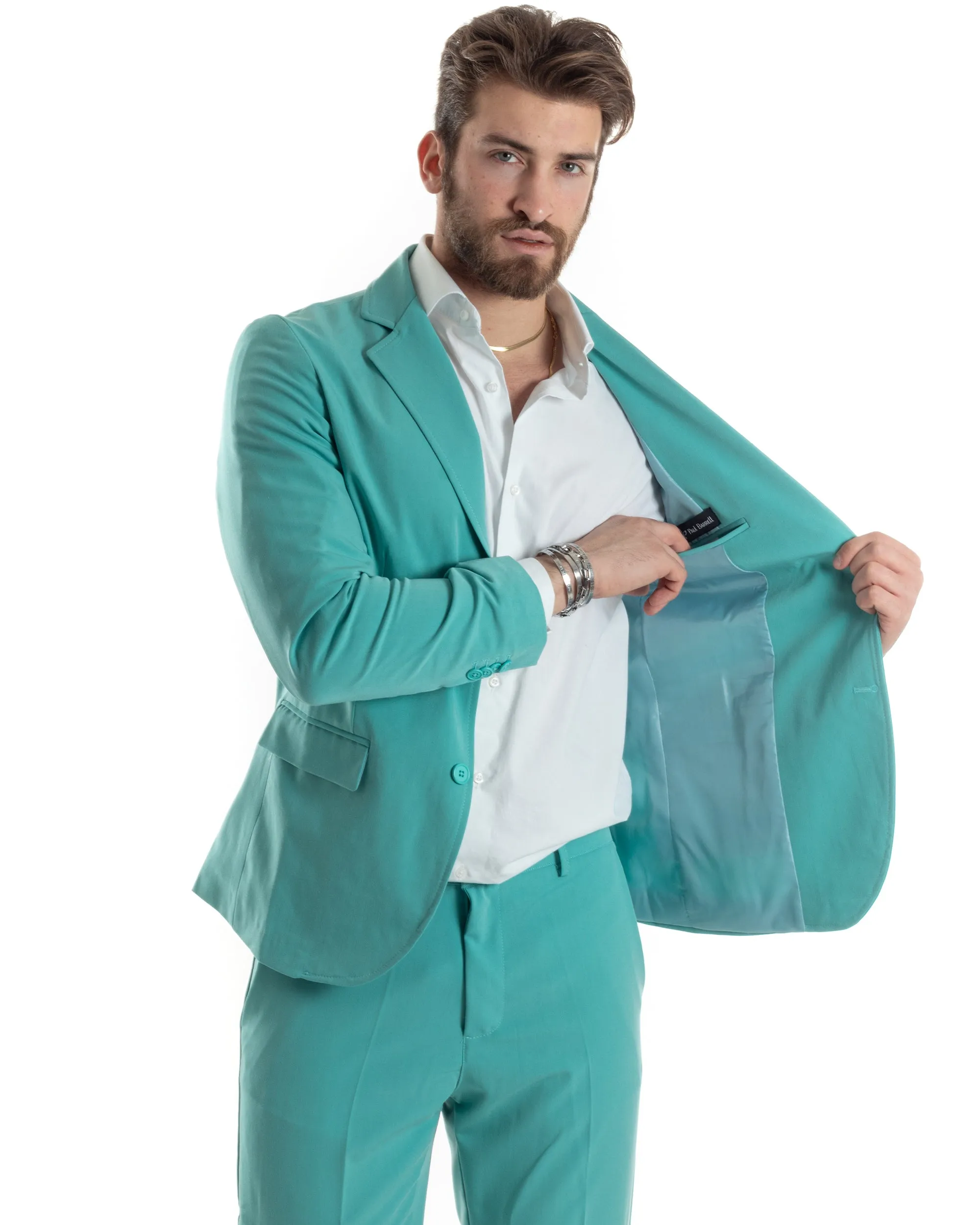 Abito Uomo Monopetto Vestito Completo Giacca Pantaloni Verde Acqua Tinta Unita Elegante Casual GIOSAL-AE1034A