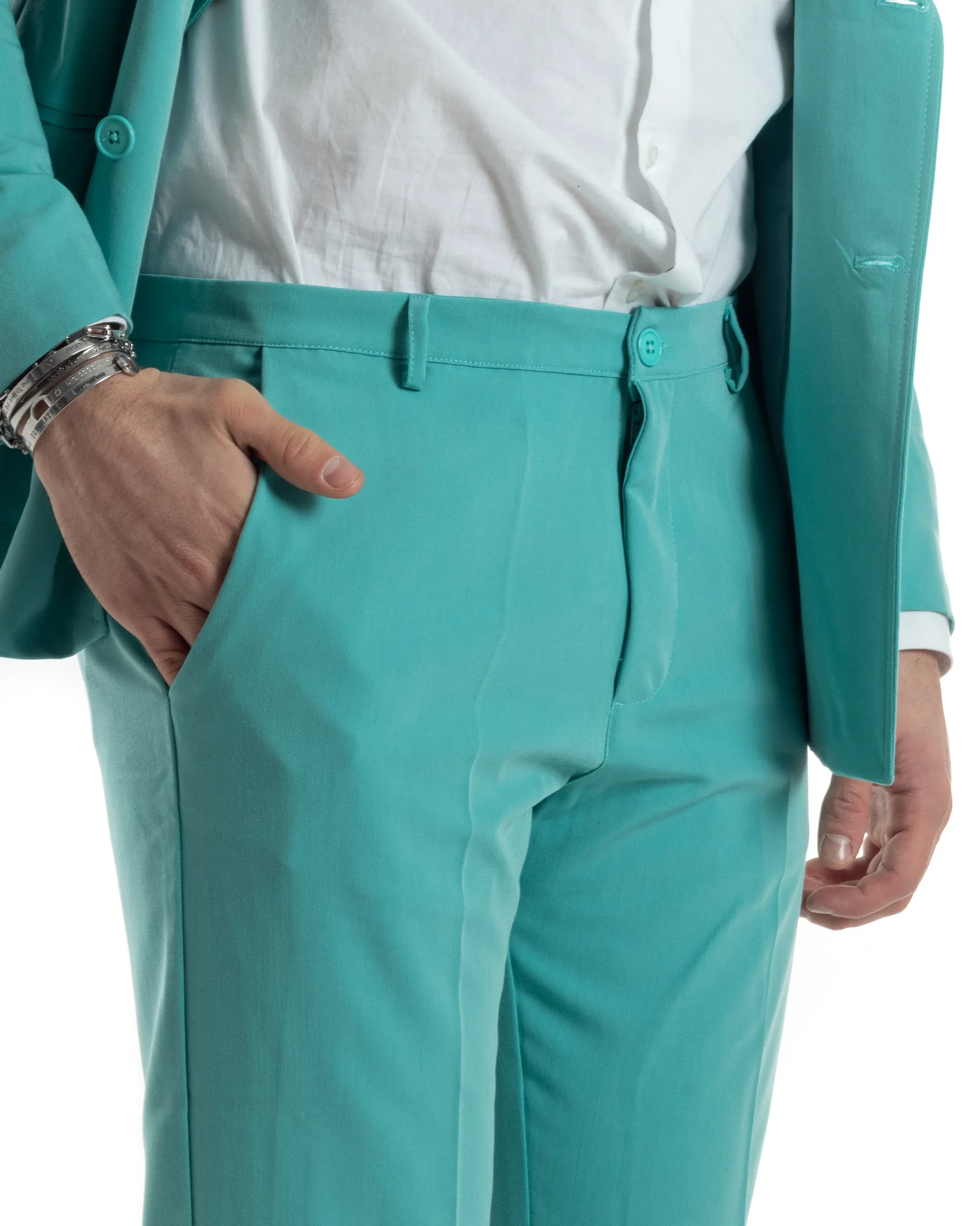 Abito Uomo Monopetto Vestito Completo Giacca Pantaloni Verde Acqua Tinta Unita Elegante Casual GIOSAL-AE1034A