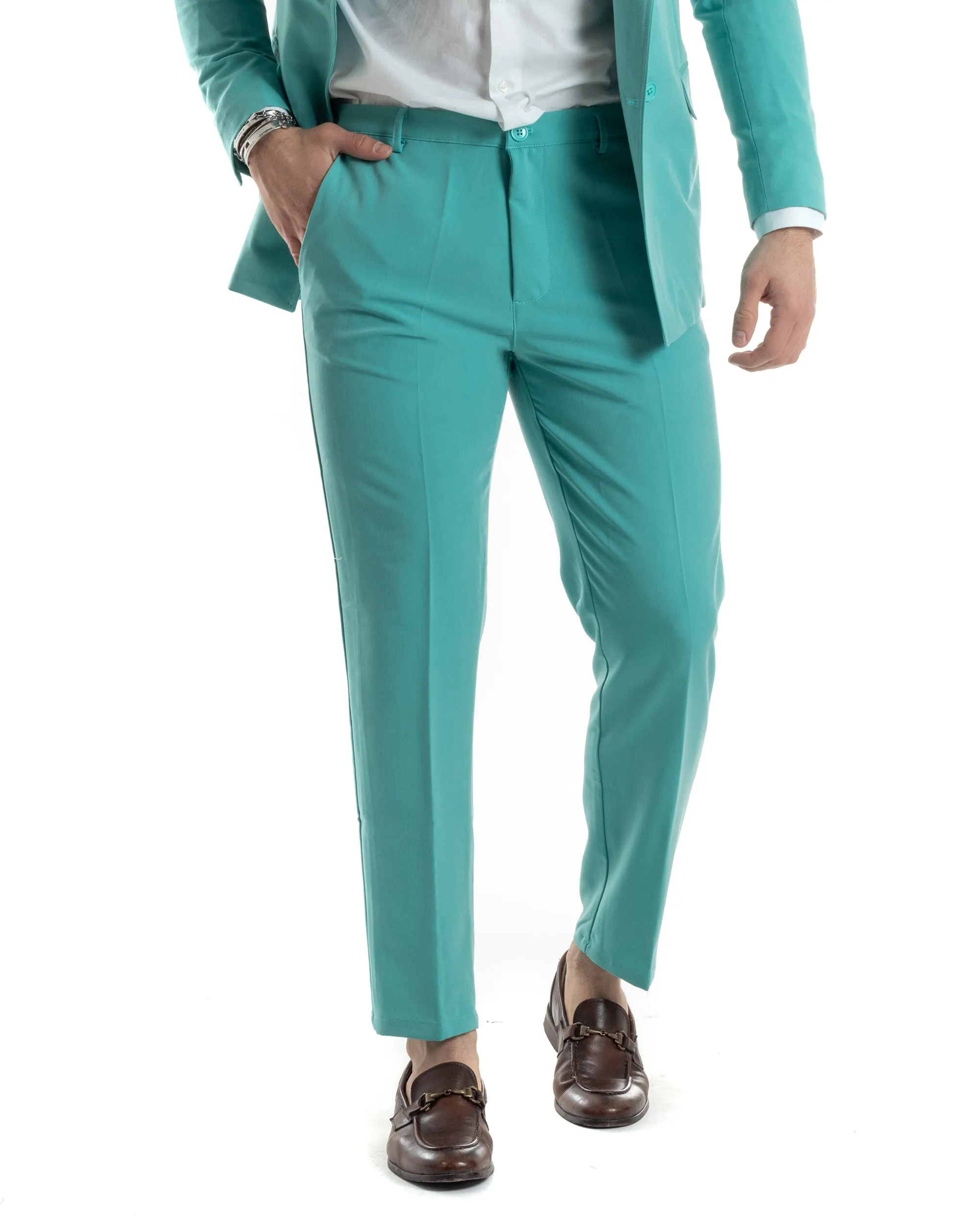 Abito Uomo Monopetto Vestito Completo Giacca Pantaloni Verde Acqua Tinta Unita Elegante Casual GIOSAL-AE1034A