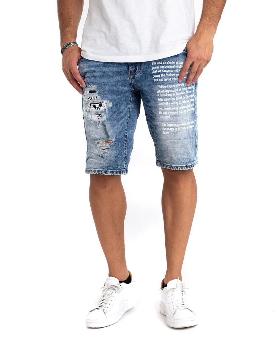 Bermuda Pantaloncino Uomo Jeans Rotture Stampa Scritta Denim Casual GIOSAL-PC1859A