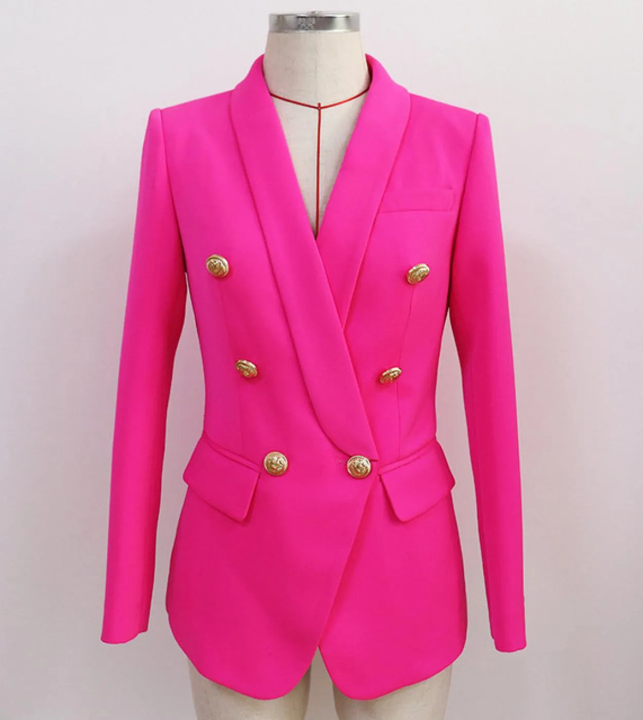 Blazer da donna blu Cappotto da donna di alta qualità Giacca da abito classica con collo a scialle a doppio petto in oro Blazer