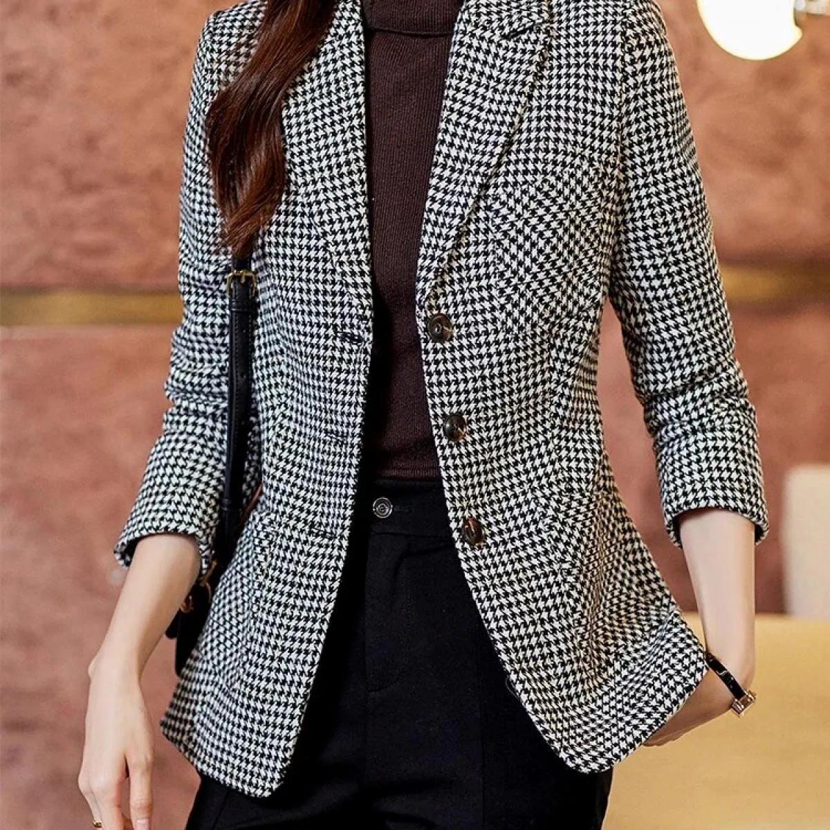 Blazer da donna monopetto scozzese grigio caffè per giacca formale da lavoro da lavoro femminile da ufficio autunno inverno con