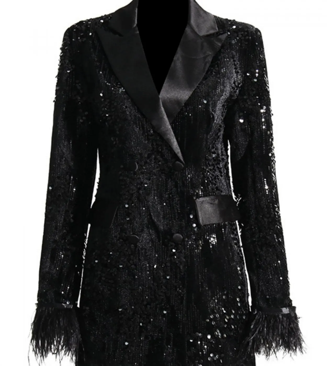 Blazer di piume di paillettes patchwork da donna Cappotto da sera monopetto sottile con scollo a V nero a maniche lunghe in pium