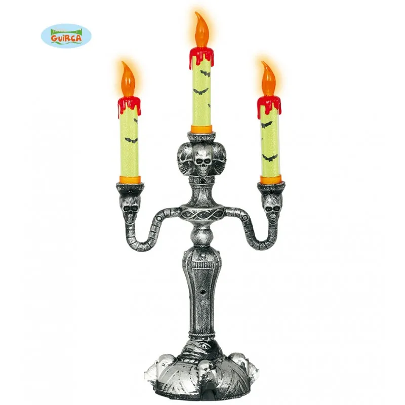 CANDELABRO 40CM TESCHI IN PLASTICA CON 3 CANDELE LED ART.DECORATIVI DI HALLOWEEN PER VETRINE E ADDOBBI X LOCALI HORROR