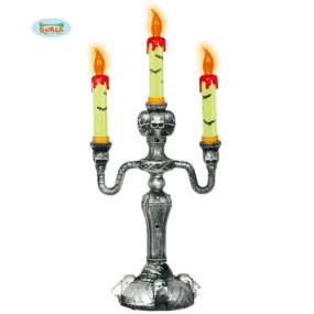 CANDELABRO 40CM TESCHI IN PLASTICA CON 3 CANDELE LED ART.DECORATIVI DI HALLOWEEN PER VETRINE E ADDOBBI X LOCALI HORROR