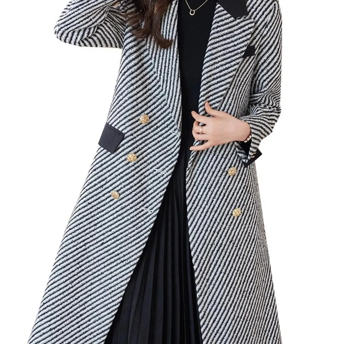 Cappotto da donna casual femminile a triplo petto a righe grigio nero con giacca lunga da donna autunno inverno di alta qualità