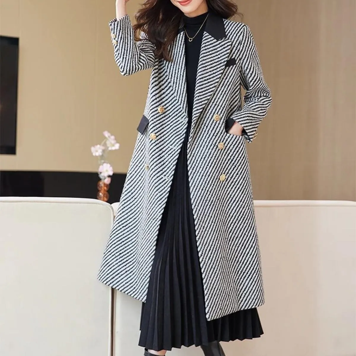 Cappotto da donna casual femminile a triplo petto a righe grigio nero con giacca lunga da donna autunno inverno di alta qualità