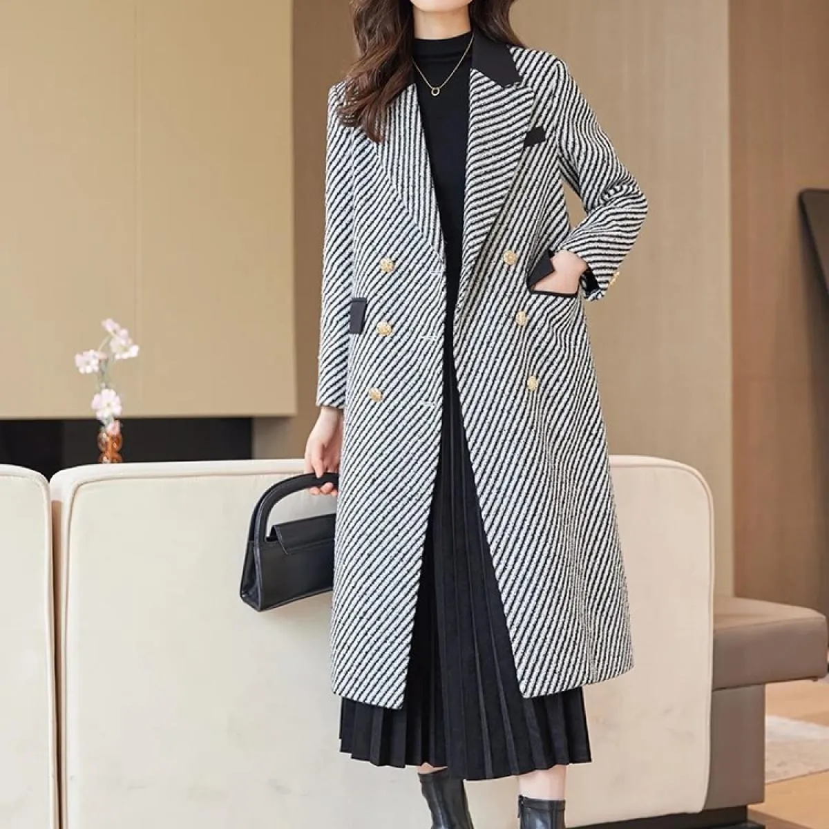 Cappotto da donna casual femminile a triplo petto a righe grigio nero con giacca lunga da donna autunno inverno di alta qualità