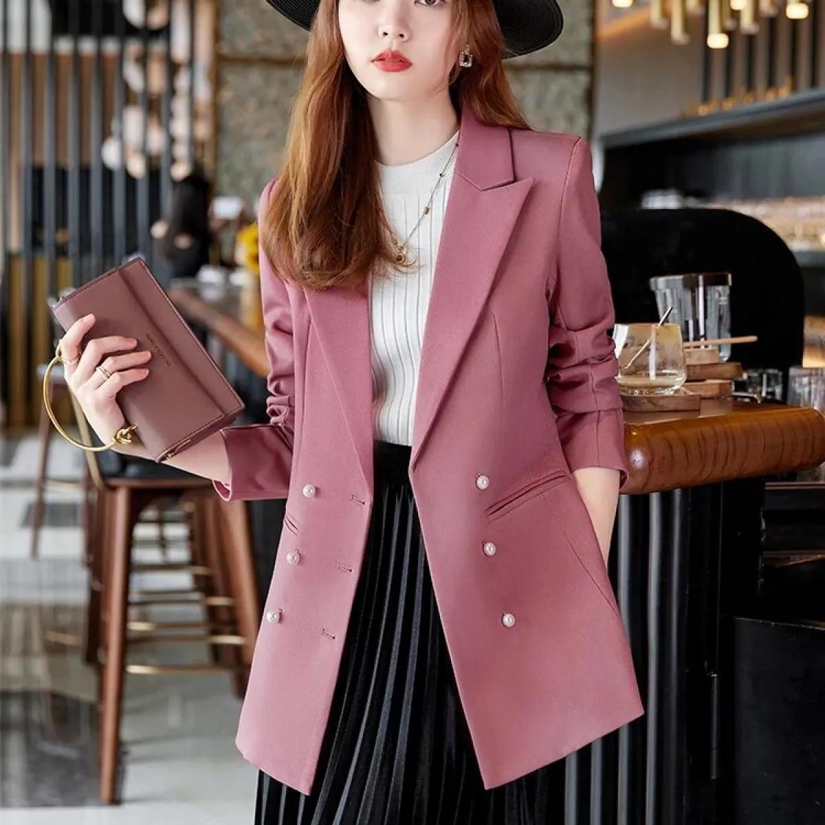 Cappotto da donna formale da lavoro da lavoro Blazer Rosa Beige Nero Solido Donna Giacca a triplo petto a maniche lunghe da donn