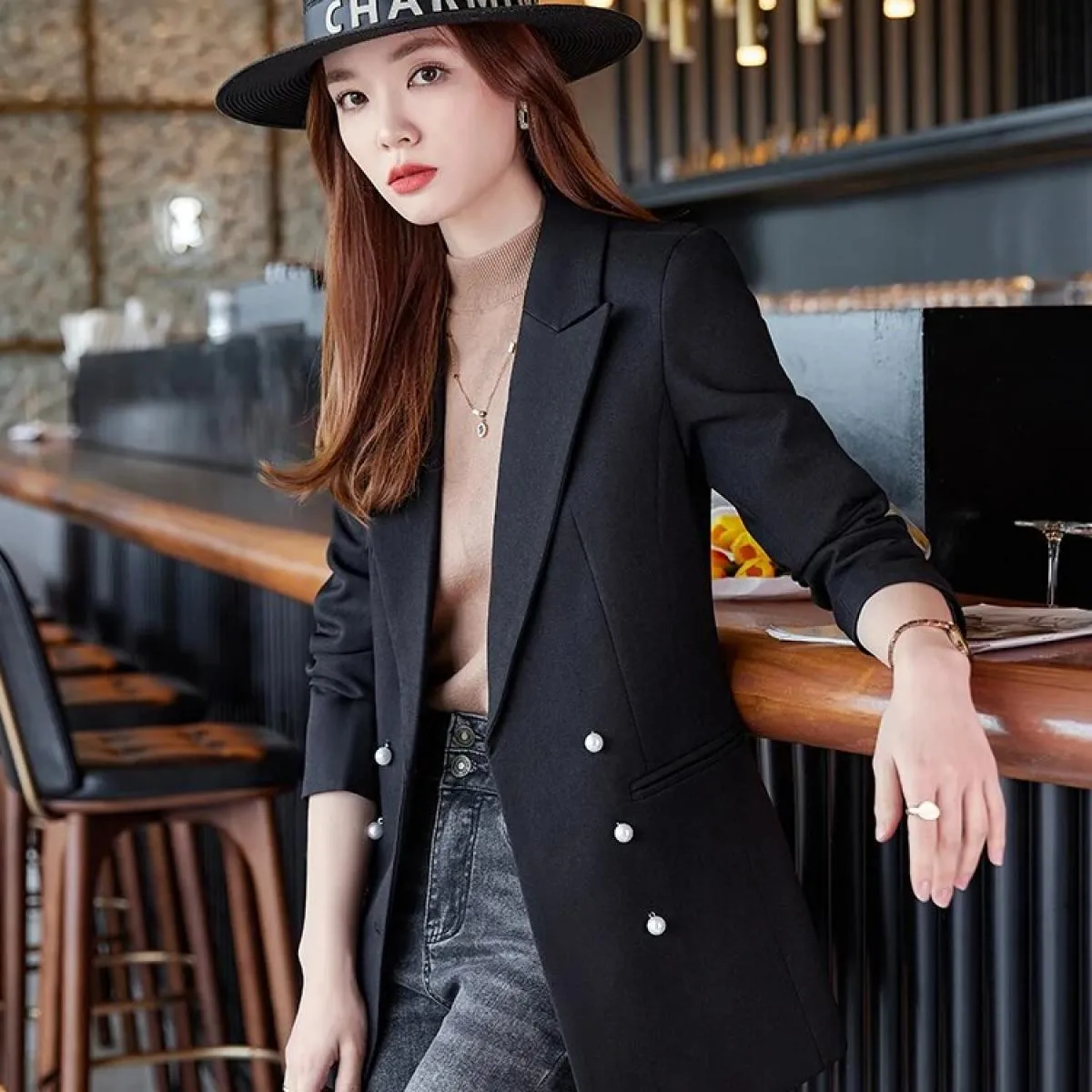 Cappotto da donna formale da lavoro da lavoro Blazer Rosa Beige Nero Solido Donna Giacca a triplo petto a maniche lunghe da donn