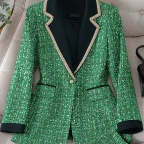 Cappotto da giacca dritta a bottone singolo scozzese verde nero a maniche lunghe da donna alla moda, blazer casual