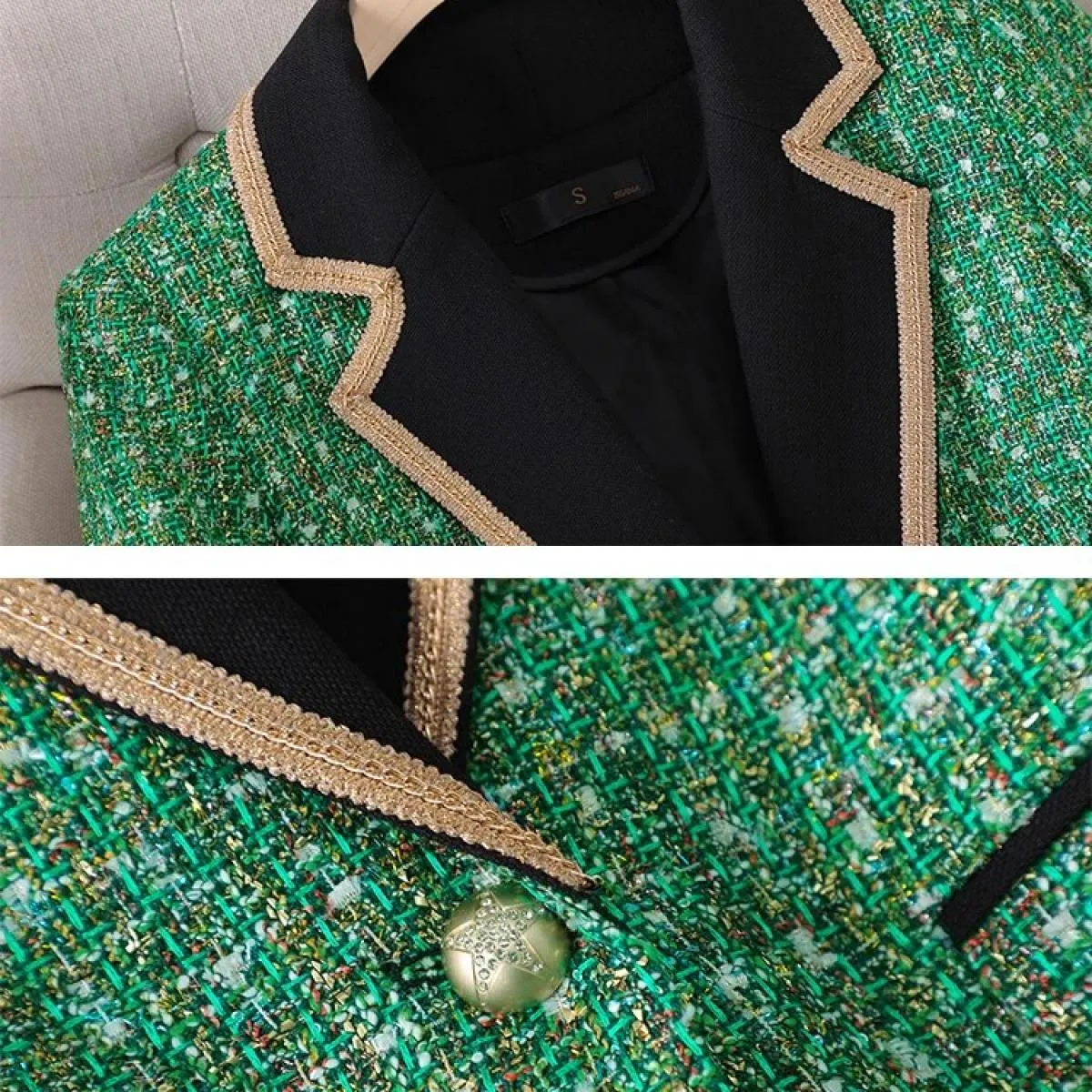 Cappotto da giacca dritta a bottone singolo scozzese verde nero a maniche lunghe da donna alla moda, blazer casual