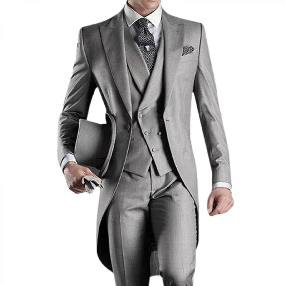 Cappotto da uomo grigio da sposo in 3 pezzi Smoking da sposo per abiti da ballo formale da uomo Set di moda Giacca con pantaloni