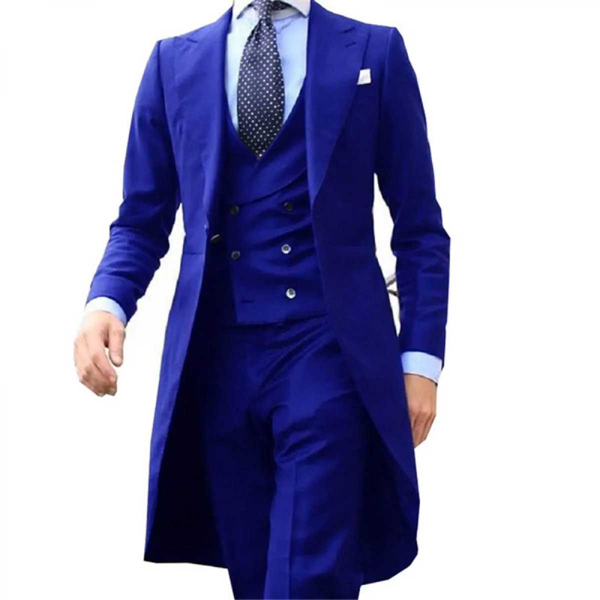 Cappotto da uomo lungo blu royal 3 pezzi Abito da uomo gentiluomo Smoking da sposo moda uomo per giacca da ballo di nozze Gilet