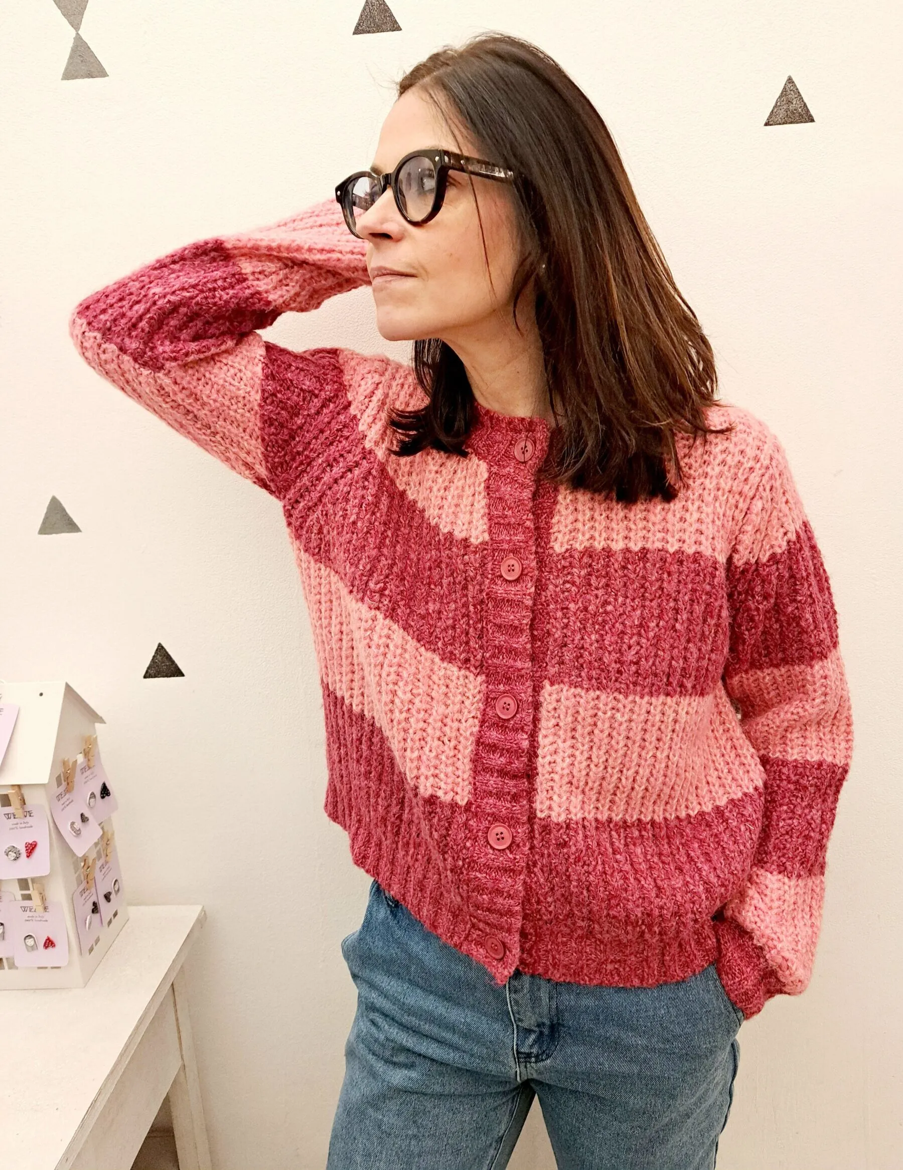 Cardigan Corto Girocollo Righe  Bordeaux Rosa Compania Fantastica