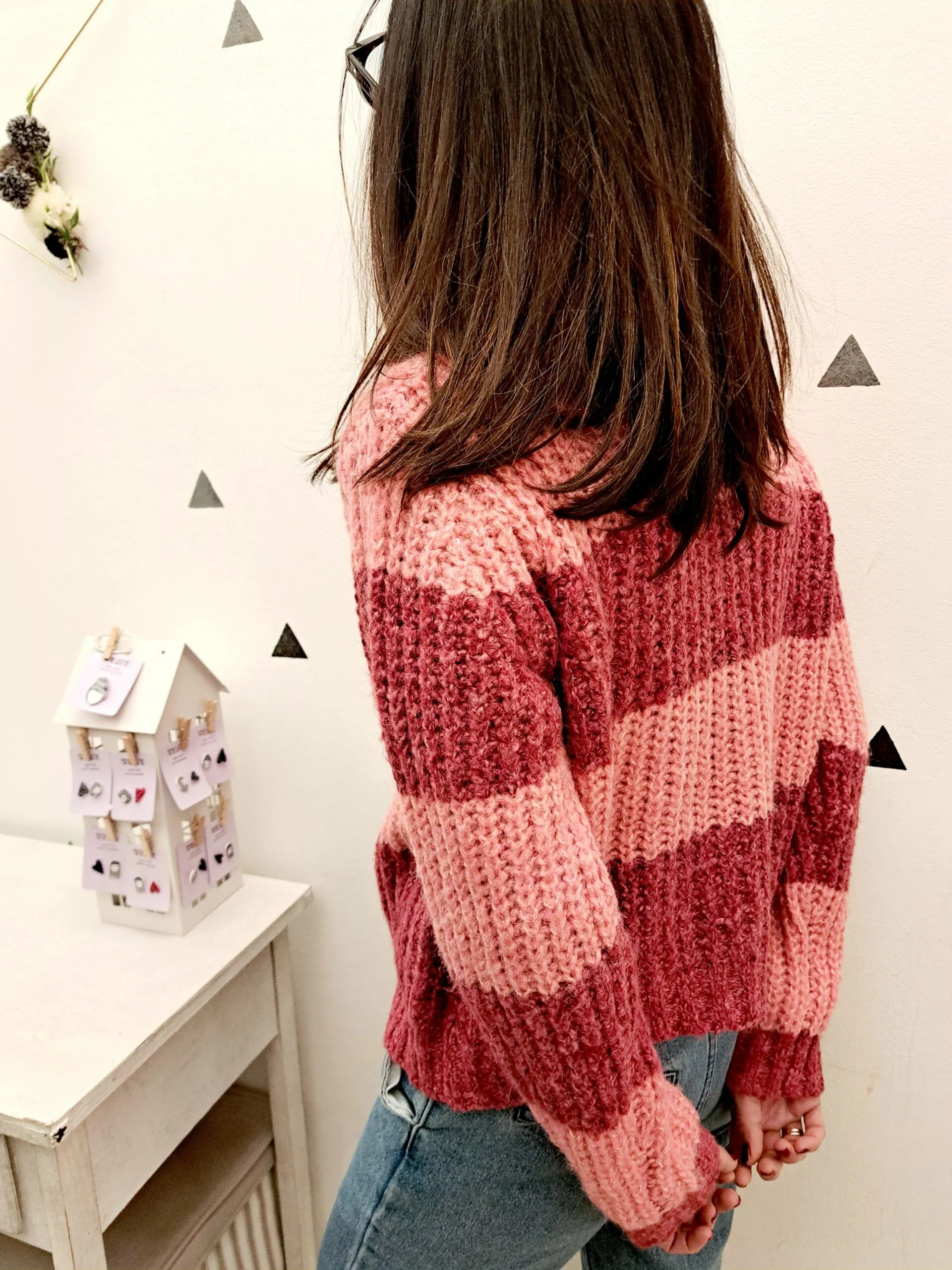 Cardigan Corto Girocollo Righe  Bordeaux Rosa Compania Fantastica