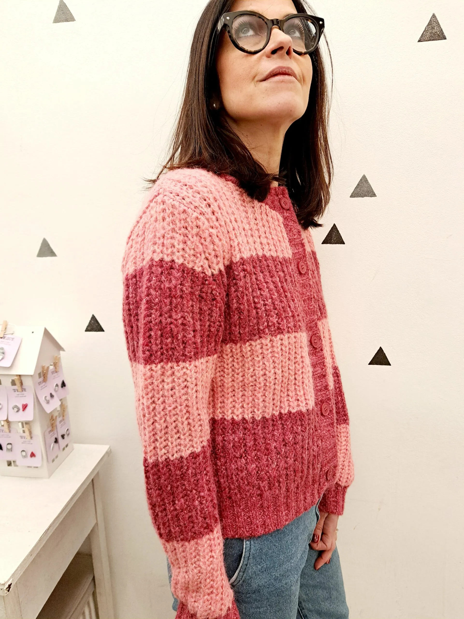 Cardigan Corto Girocollo Righe  Bordeaux Rosa Compania Fantastica