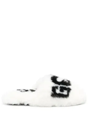 Ciabatte in shearling con stampa in bianco - donna