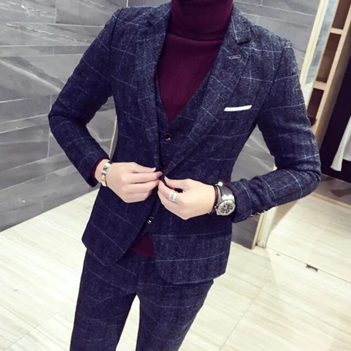 Completo cappotto gilet pantaloni business maschile blazer slim fit set 3 pezzi / giacca da sposo da matrimonio da uomo pantalon