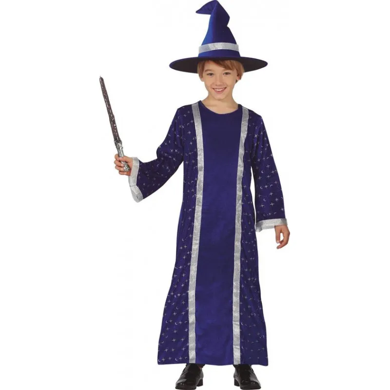 COSTUME MAGO 7/9 ANNI TUNICA E CAPPELLO VESTITO CARNEVALE E HALLOWEEN A TEMA MAGO MERLINO STREGONE HORROR NO ACCESSOR