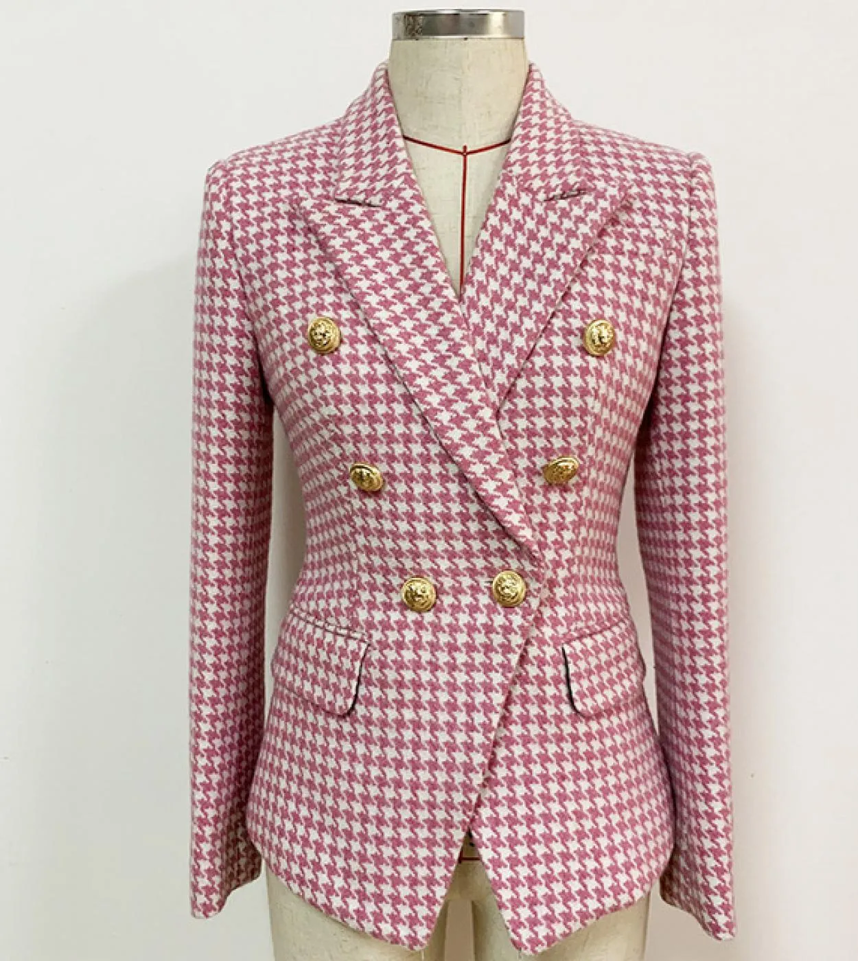 Giacca da donna a quadri rosa Nuovo doppio petto con bottoni pied de poule Blazer da donna a maniche lunghe Cappotto di alta qua