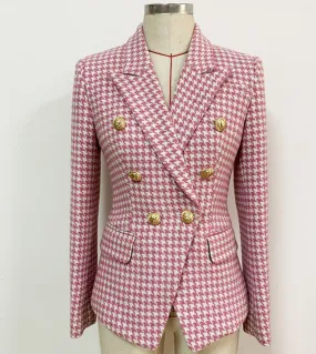 Giacca da donna a quadri rosa Nuovo doppio petto con bottoni pied de poule Blazer da donna a maniche lunghe Cappotto di alta qua