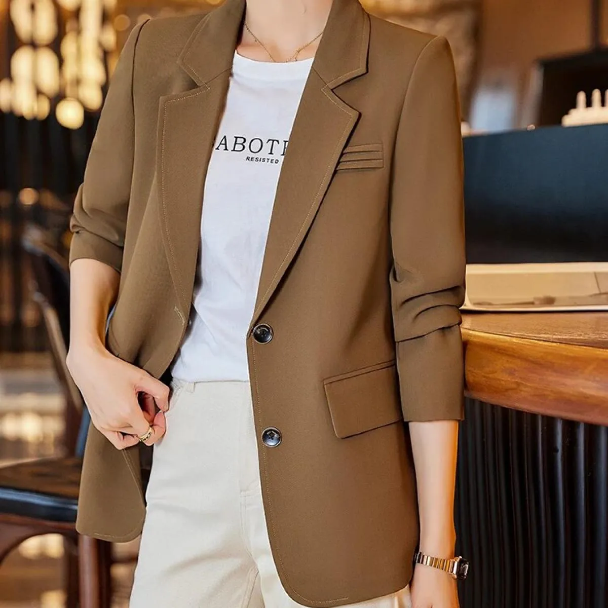 Giacca da donna alla moda Giacca da donna Rosa caffè Nero Cappotto dritto monopetto a maniche lunghe femminile per l'autunno inv