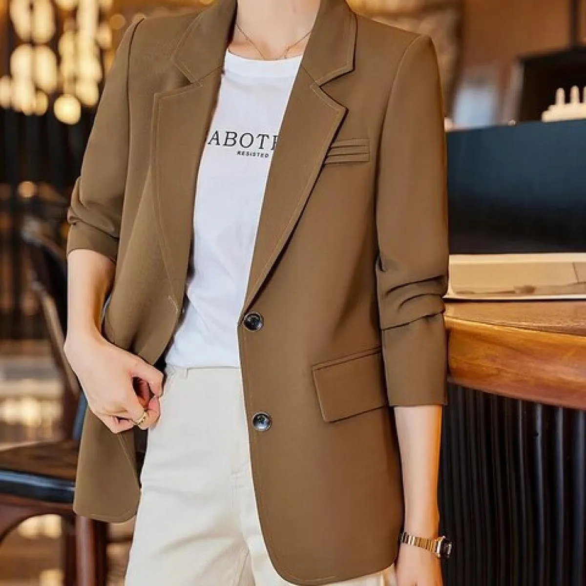 Giacca da donna alla moda Giacca da donna Rosa caffè Nero Cappotto dritto monopetto a maniche lunghe femminile per l'autunno inv