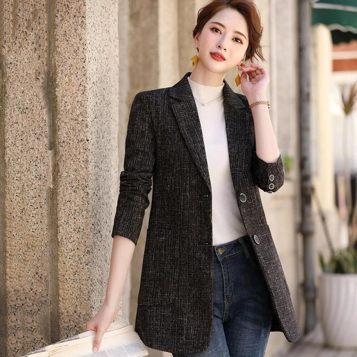 Giacca da donna blazer da donna di alta qualità, nuova stilista, cappotto casual da donna in albicocca nero con tasche blazer