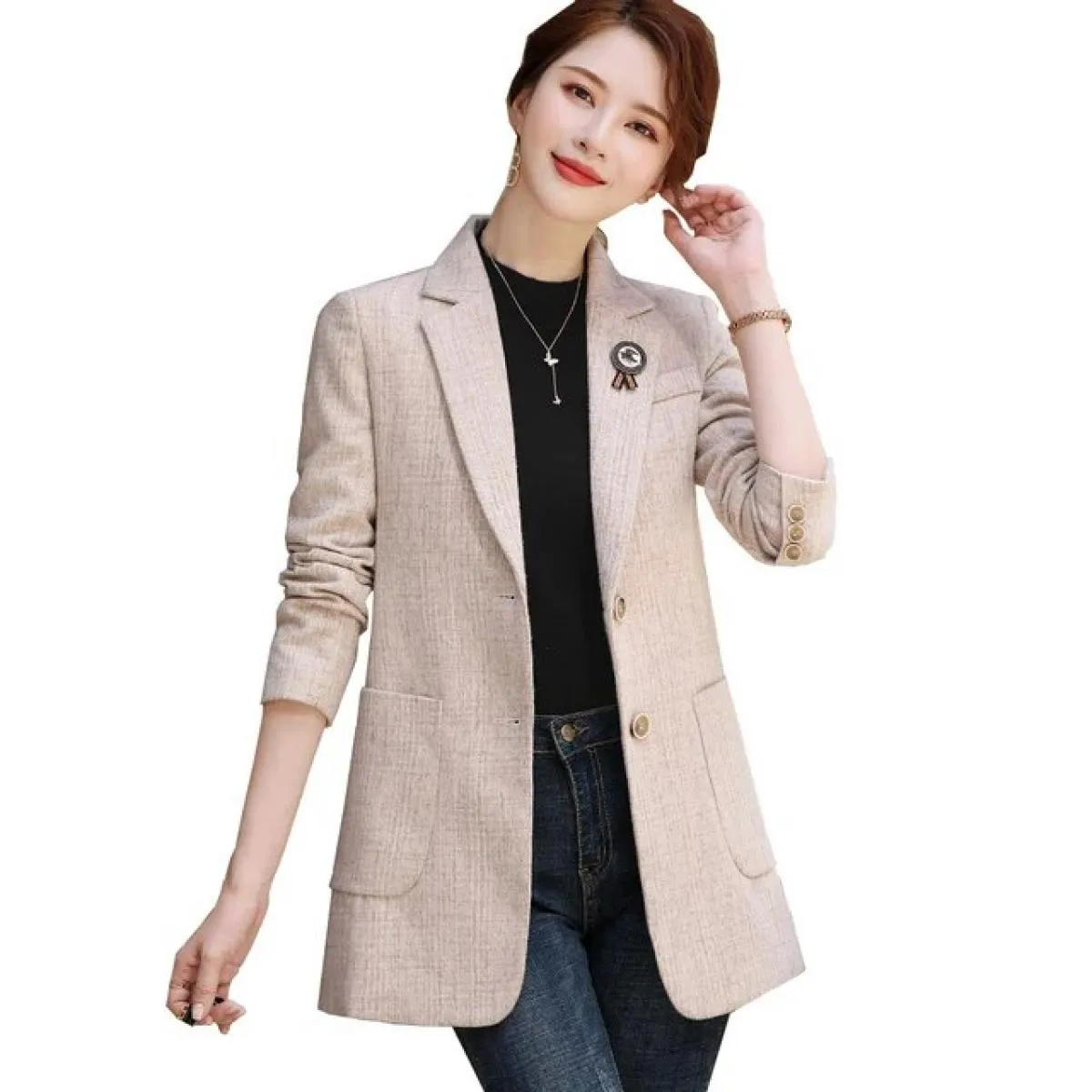 Giacca da donna blazer da donna di alta qualità, nuova stilista, cappotto casual da donna in albicocca nero con tasche blazer