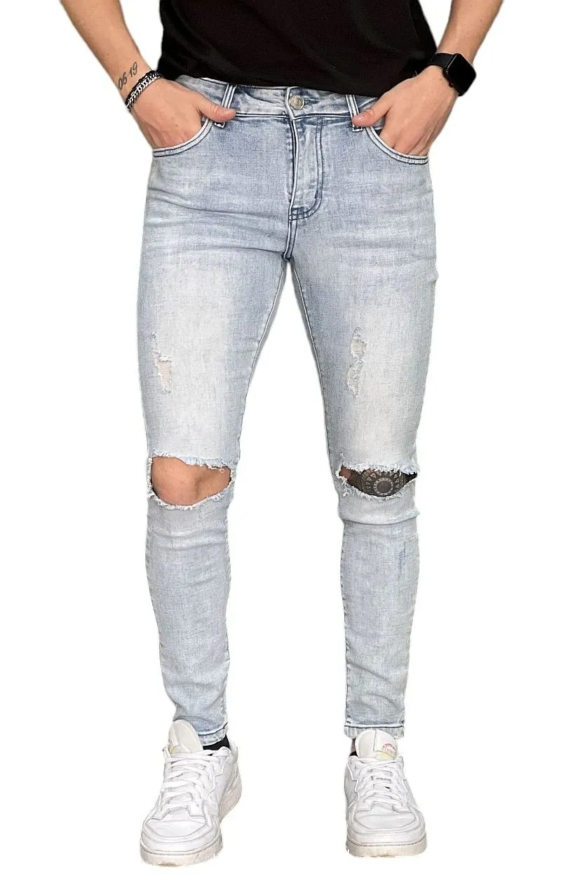 Jeans Skinny Fit con Strappi al Ginocchio - Denim Chiaro