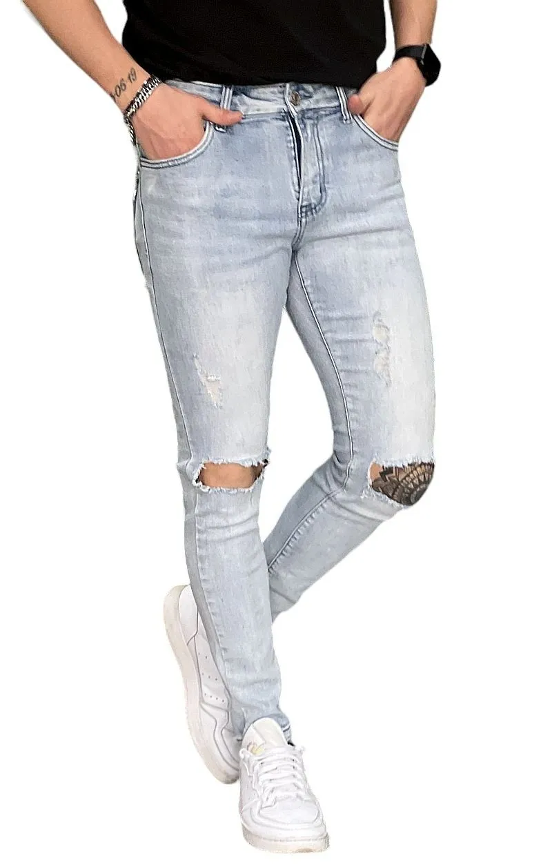 Jeans Skinny Fit con Strappi al Ginocchio - Denim Chiaro