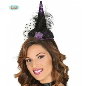 MINI CAPPELLO STREGA VIOLA CON CERCHIETTO E APPLICAZIONI PER TRAVESTIMENTI DI CARNEVALE HALLOWEEN E PARTY A TEMA HORROR