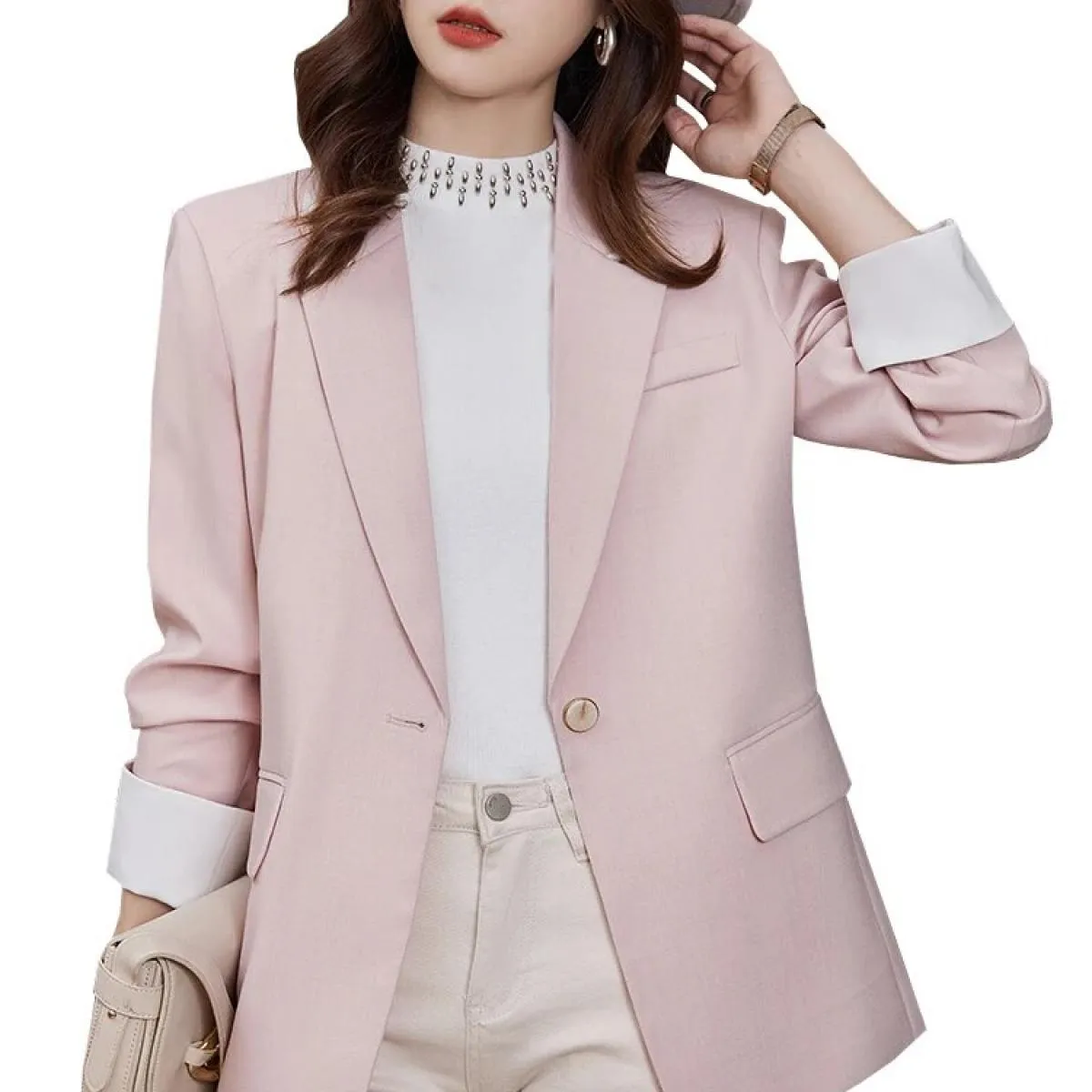 Moda Autunno Inverno Donna Blazer Donna Rosa Nero Albicocca Cappotto da giacca casual solido a maniche lunghe femminile a botton