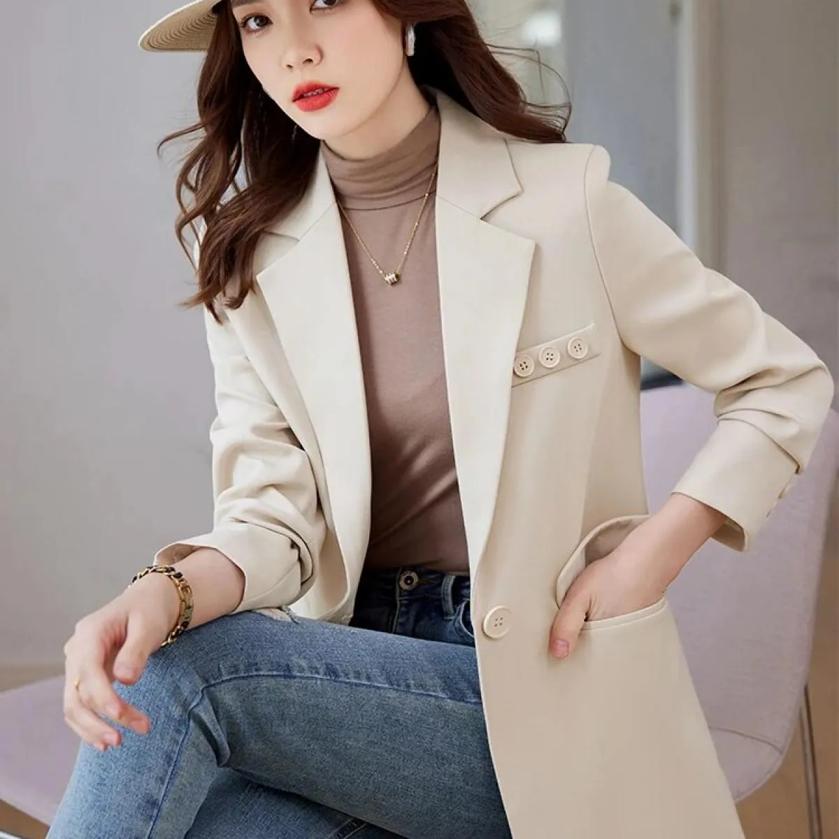 Moda Autunno Inverno Donna Blazer Giacca da donna Viola Beige Solido Bottone singolo Cappotto formale da lavoro femminile da lav