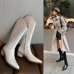 Nuovi stivali a punta spessi con tacco alto da donna Stivali moda Scarpe da donna Primavera in vera pelle con cerniera Stivali a