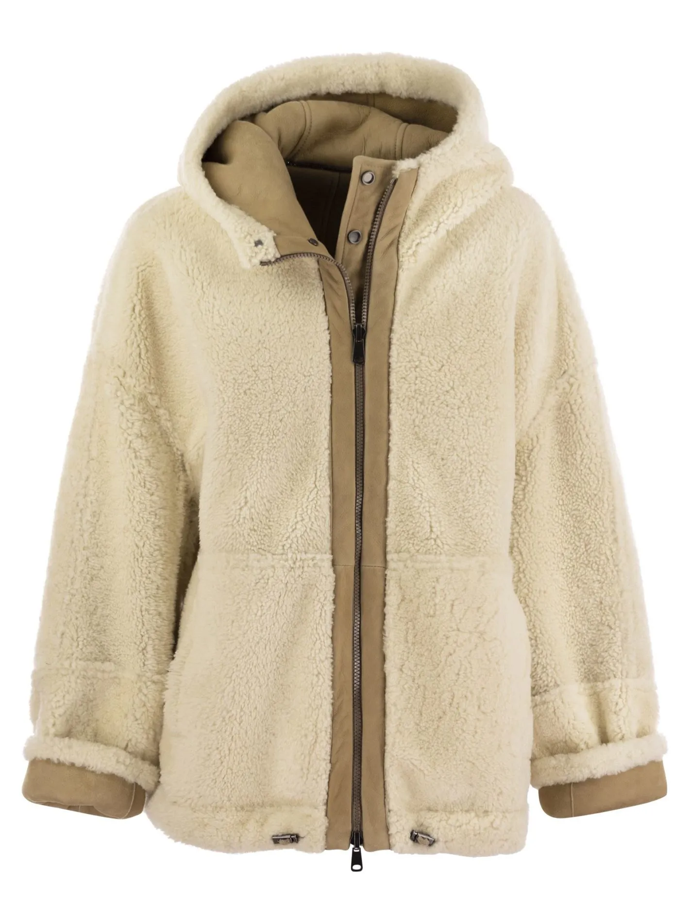 Reversible shearling outerwear with jewellery