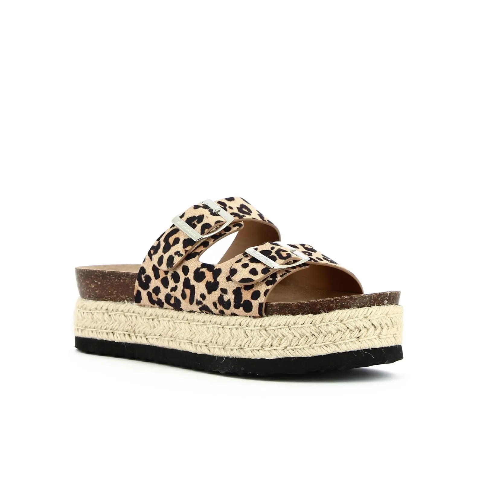 Sandali beige animalier con platform corda e doppia fibbia