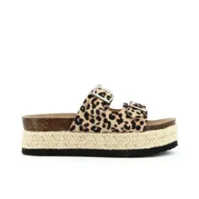 Sandali beige animalier con platform corda e doppia fibbia