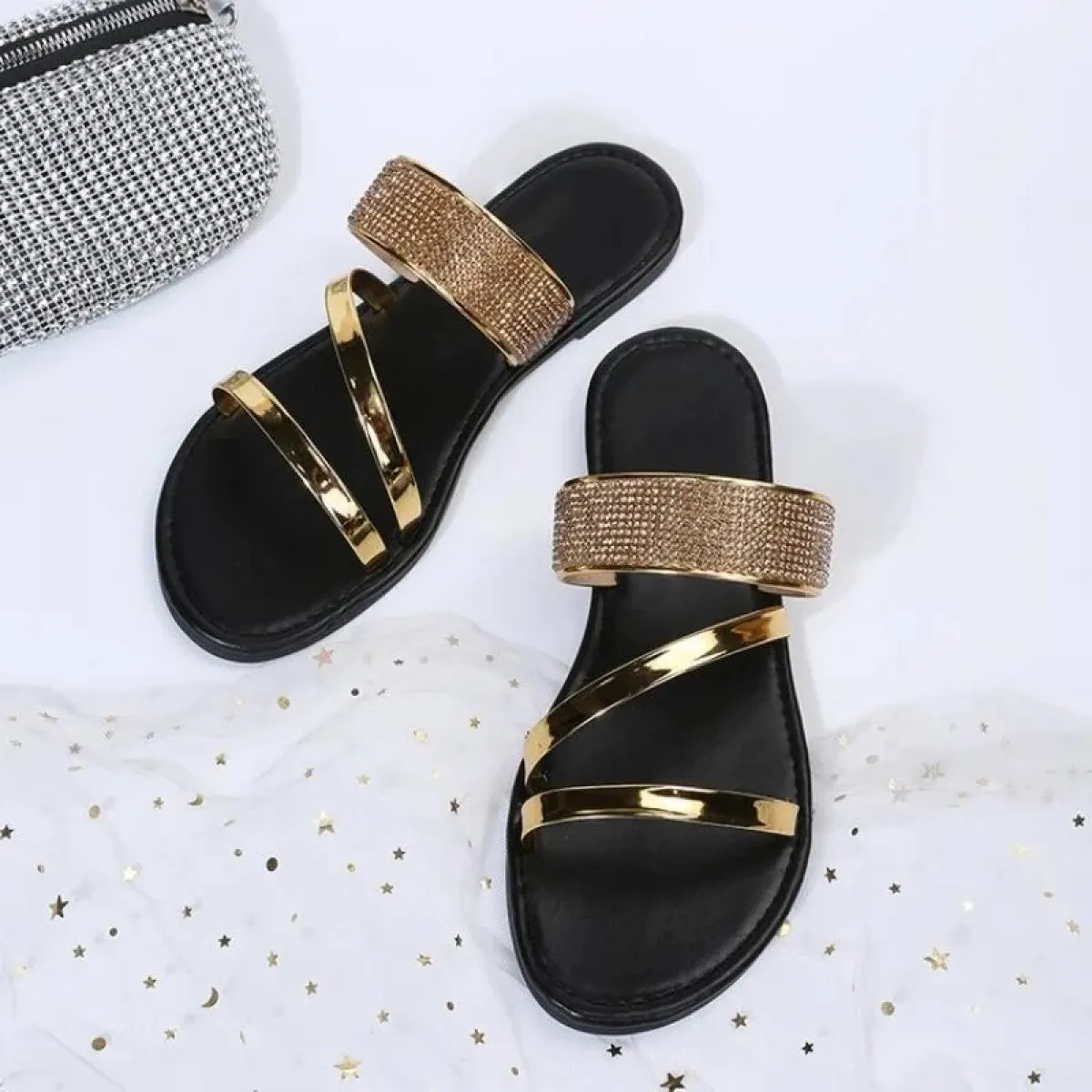 Sandali estivi da donna Sandali piatti scintillanti con strass Slide da donna alla moda da spiaggia scintillanti eleganti slip o