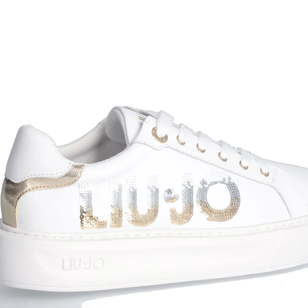 Scarpe Donna LIU JO Kylie 22 Sneakers Platform in Pelle Bianca con Maxi Logo di Paillettes