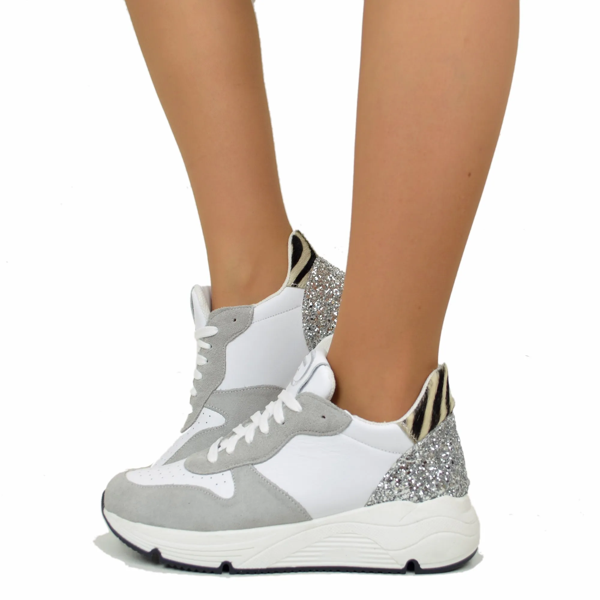 Sneakers con Glitter e Pelle Scamosciata Animalier Fondo Platform