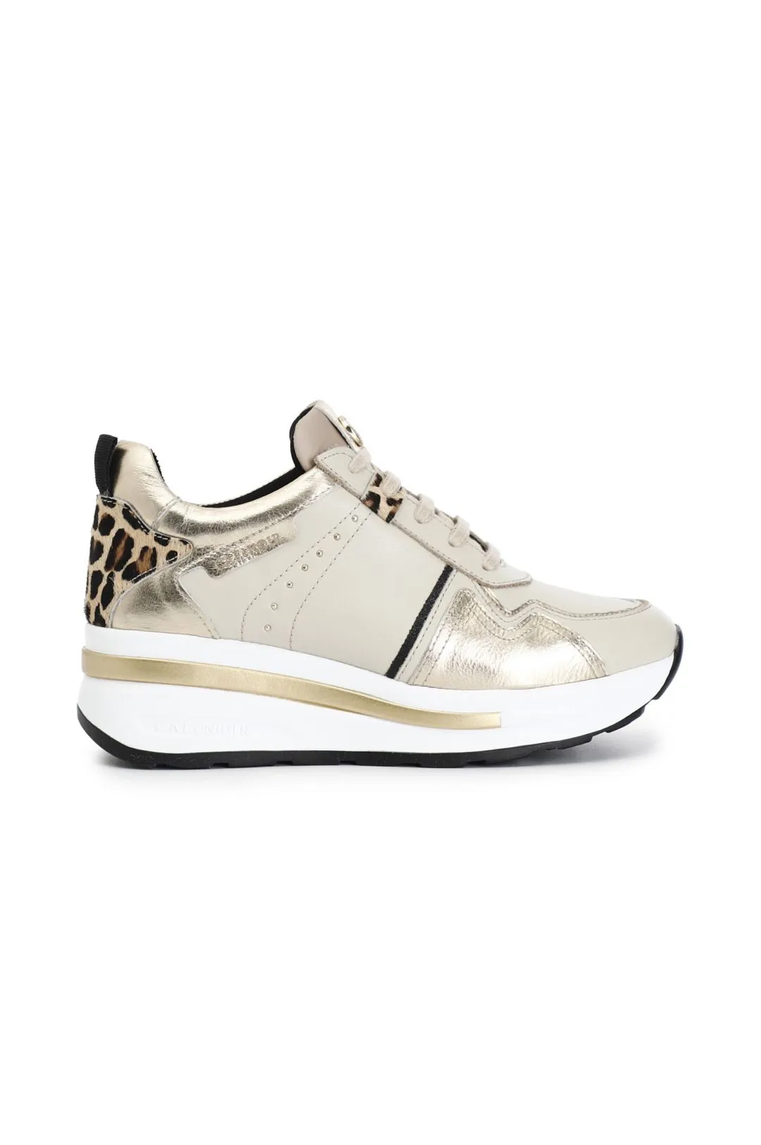 sneakers in pelle con inserti in cavallino e laminato beige/platino