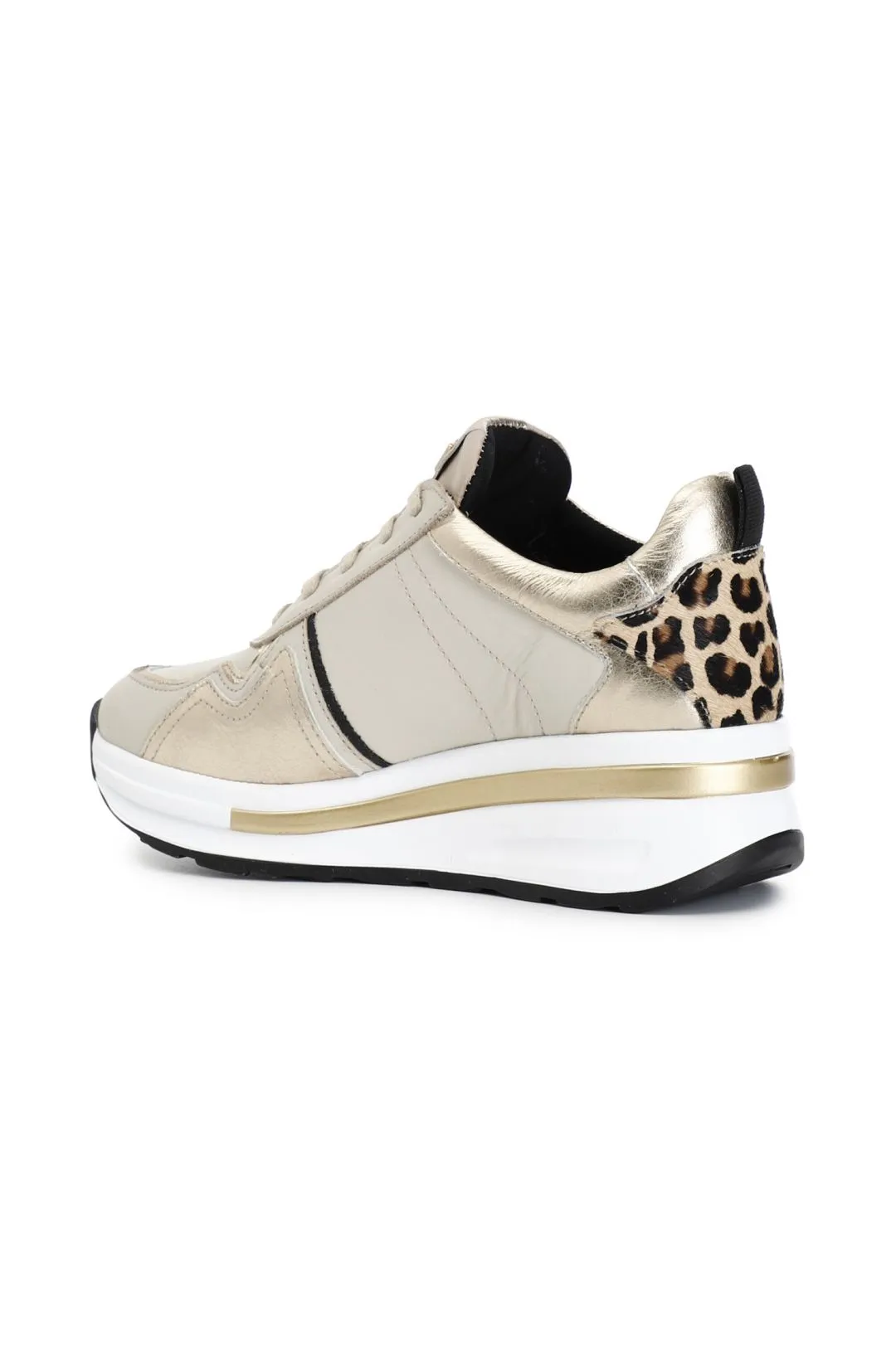 sneakers in pelle con inserti in cavallino e laminato beige/platino