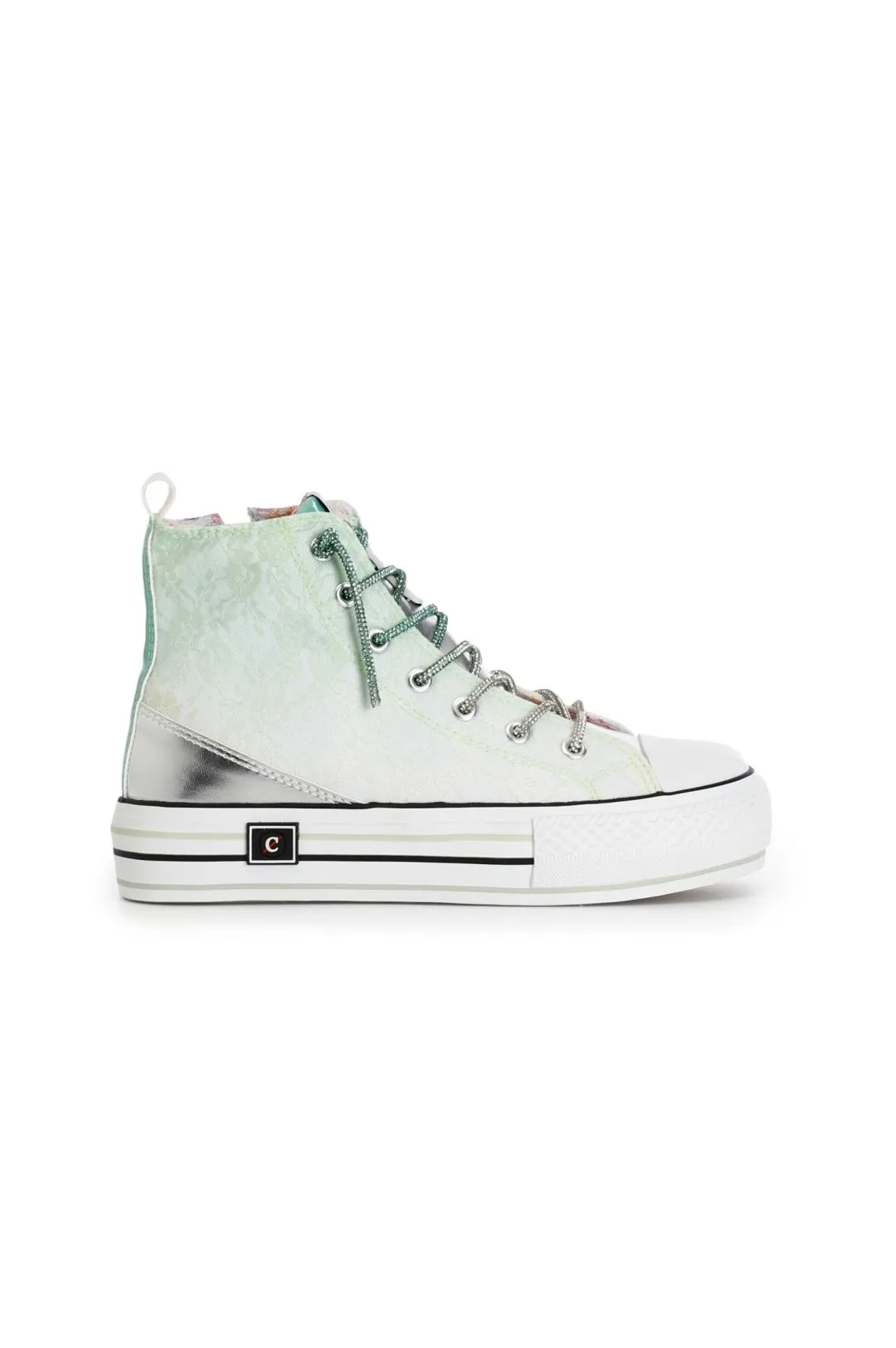 sneakers mid pizzo degradé con lacci strass menta