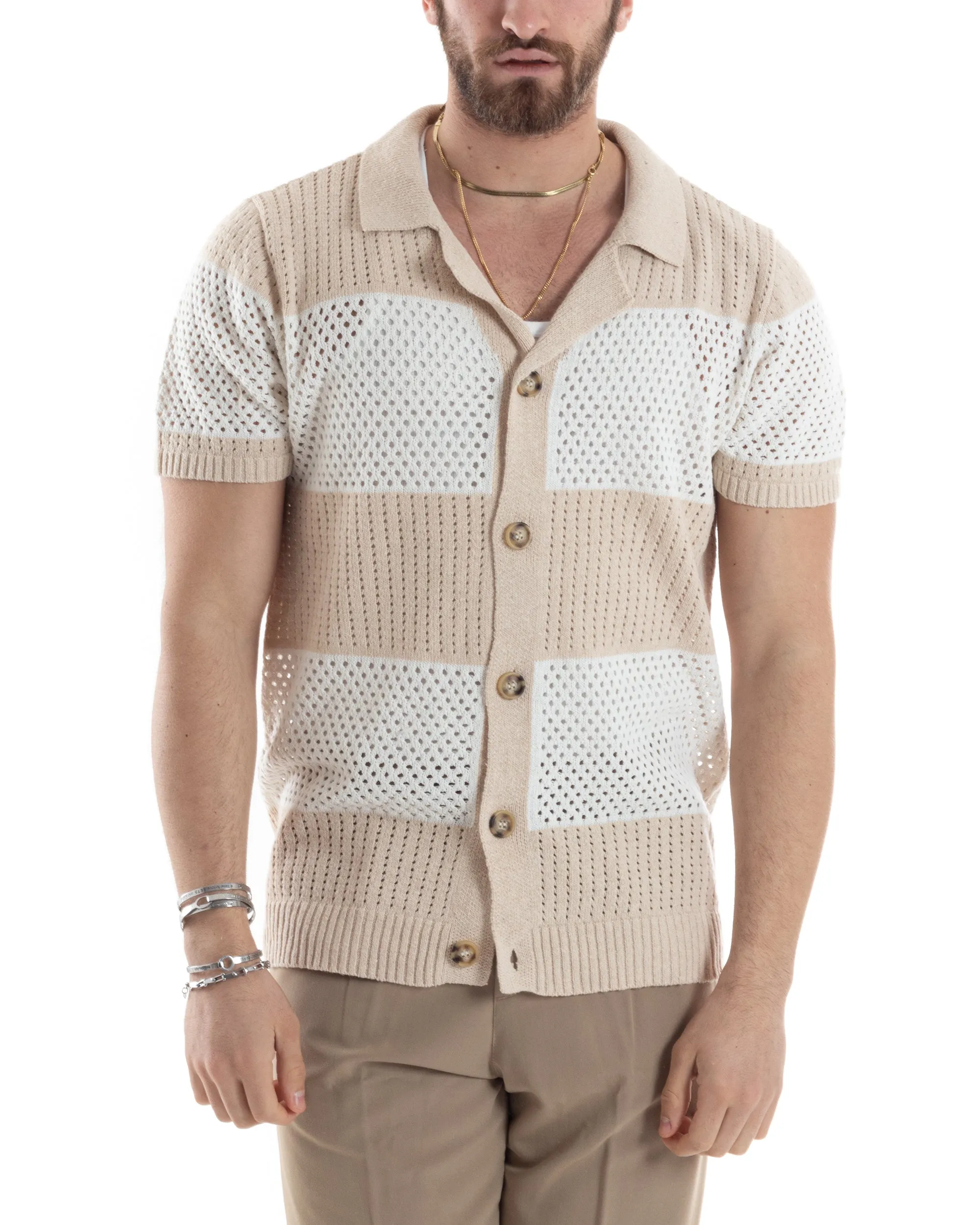 T-shirt Uomo Maglia Polo Traforata Ricamata Cardigan Manica Corta Con Bottoni A Righe Beige Casual GIOSAL-TS3002A