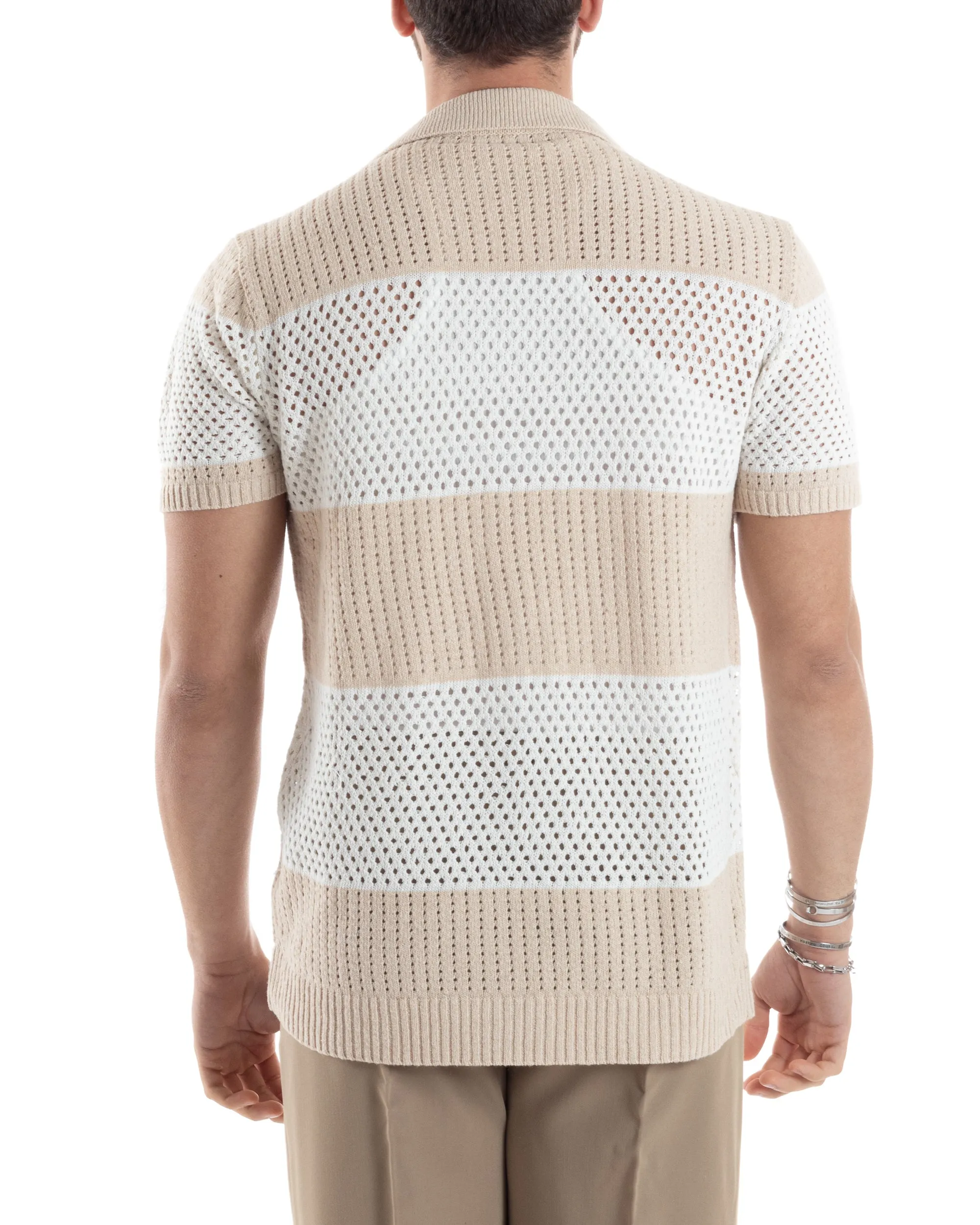 T-shirt Uomo Maglia Polo Traforata Ricamata Cardigan Manica Corta Con Bottoni A Righe Beige Casual GIOSAL-TS3002A